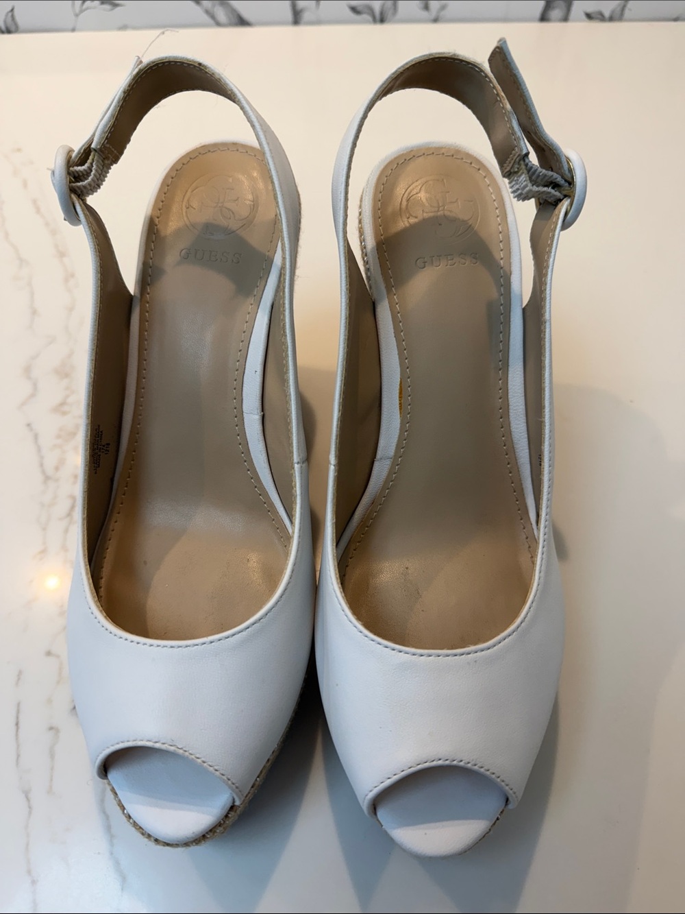 GUESS White Peep-Toe Slingback Heels with Buckle
